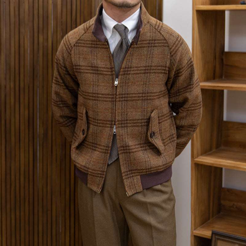 Men's Wool Slim-Fit Stand Collar Plaid Coat - ChoreGirl