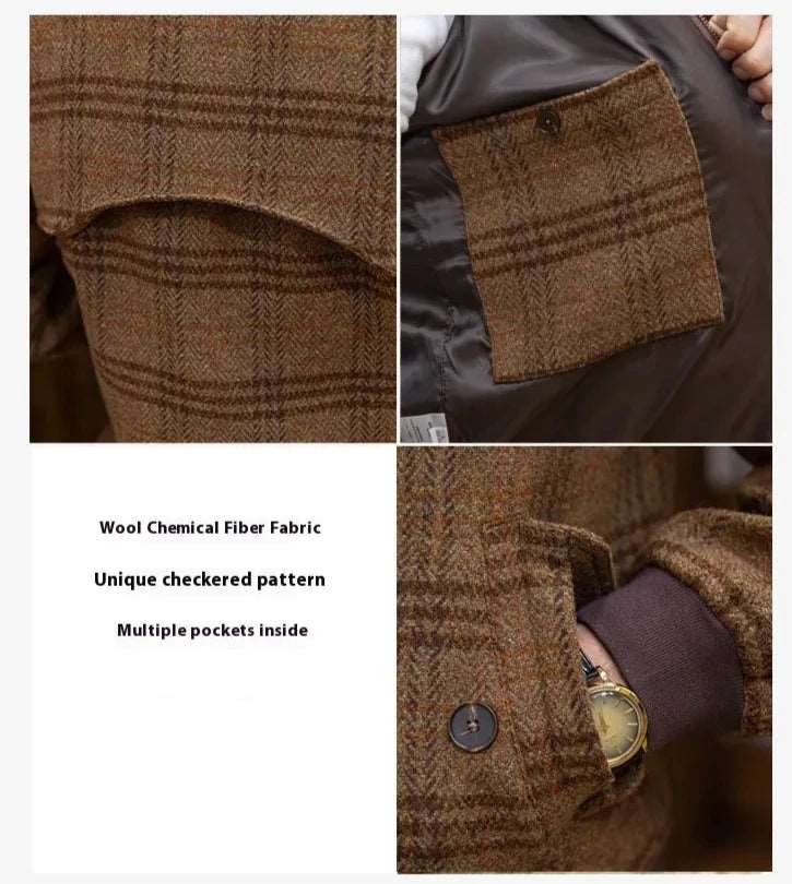 Men's Wool Slim-Fit Stand Collar Plaid Coat - ChoreGirl