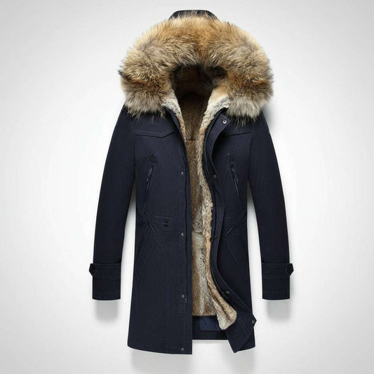 Navy blue winter coat with fur-lined hood on a white background