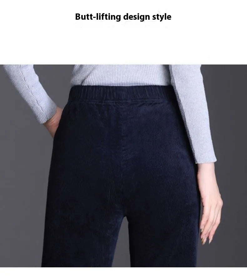 Navy blue pants with a text overlay on a gray background