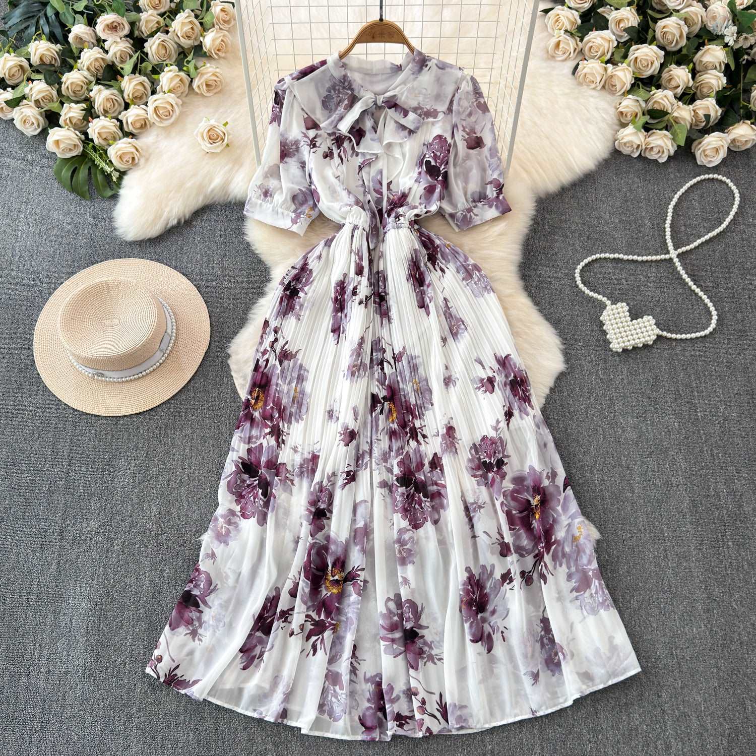 Women's Lace-up Bow Collar Slim Fit Long Chiffon Dress - ChoreGirl