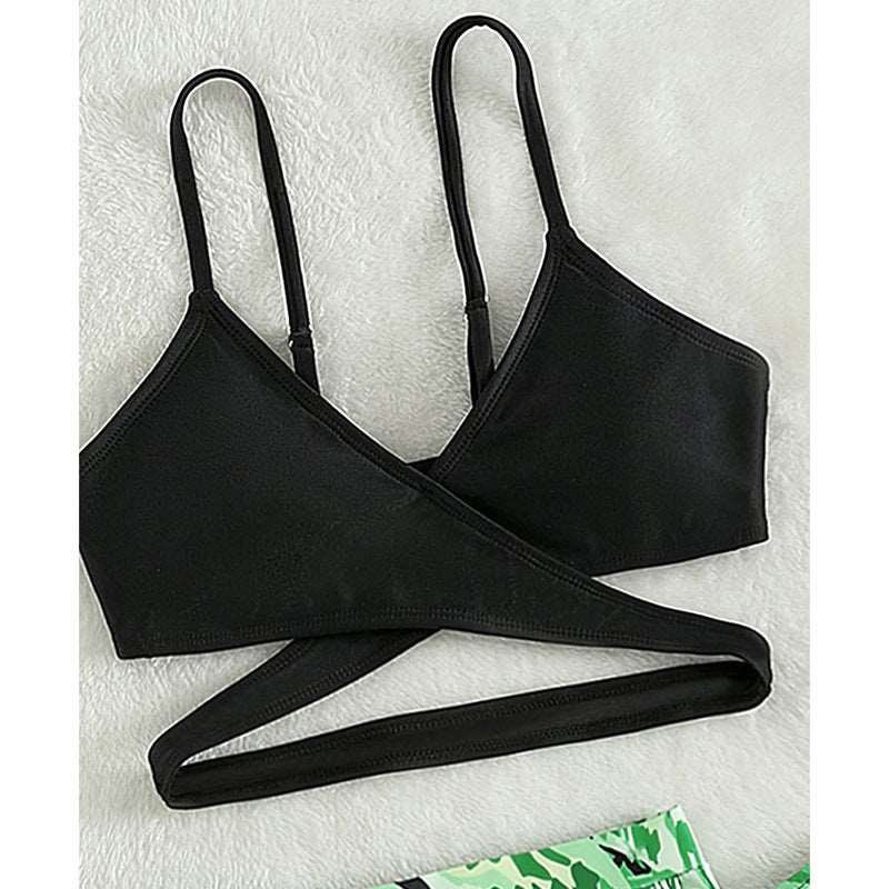 Girls Black and Green Leaf Print Three-piece Swimsuit - ChoreGirl