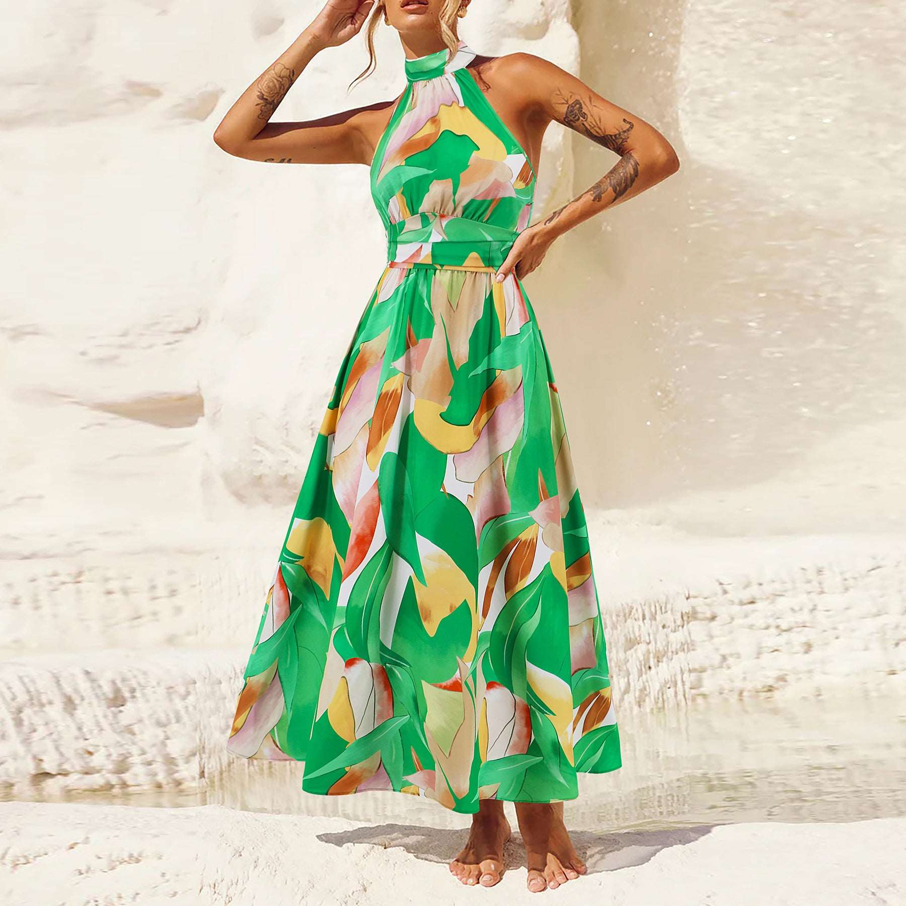 Women's Printed Stand Collar Sleeveless Dress - ChoreGirl