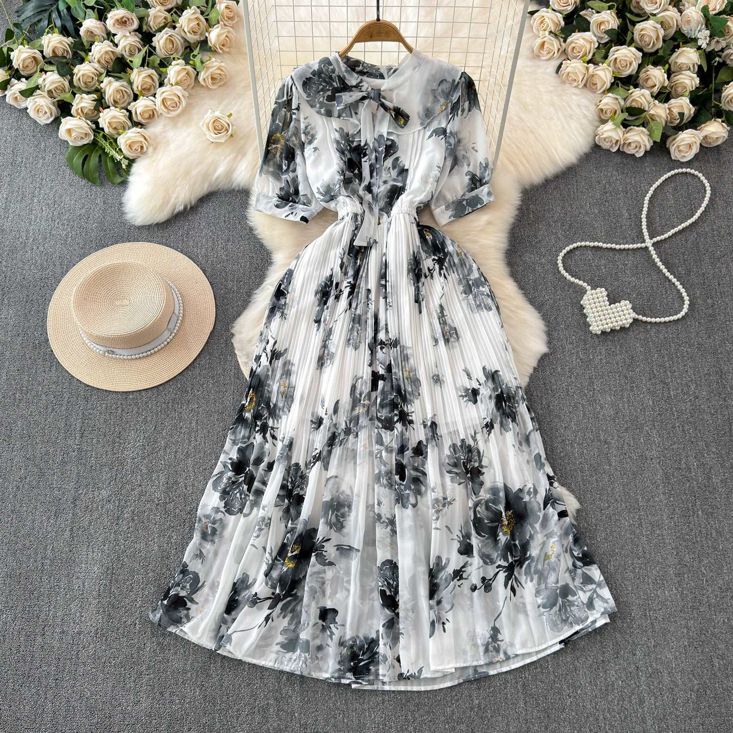 Women's Lace-up Bow Collar Slim Fit Long Chiffon Dress - ChoreGirl