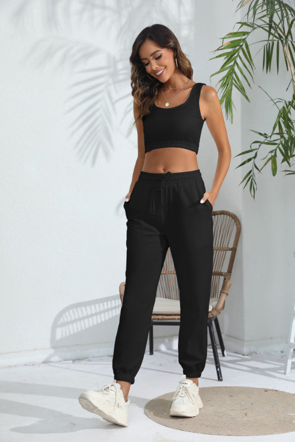 Women's Casual Cropped Tank Top and Pants Two-piece Outfit Set - ChoreGirl
