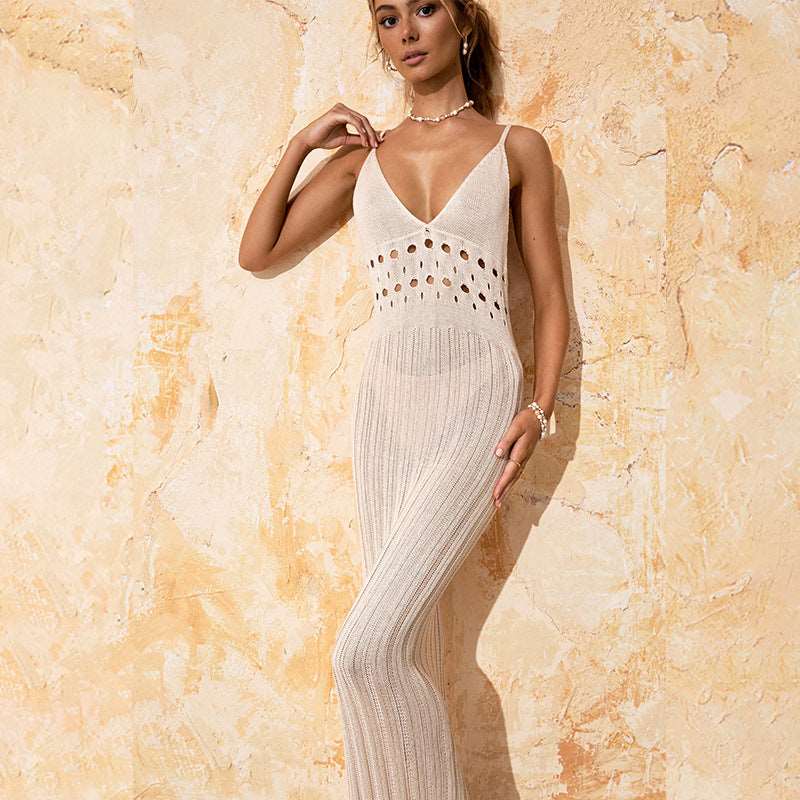 Women's Solid Color Hollow Knitted Beach Cover-up Dress - ChoreGirl