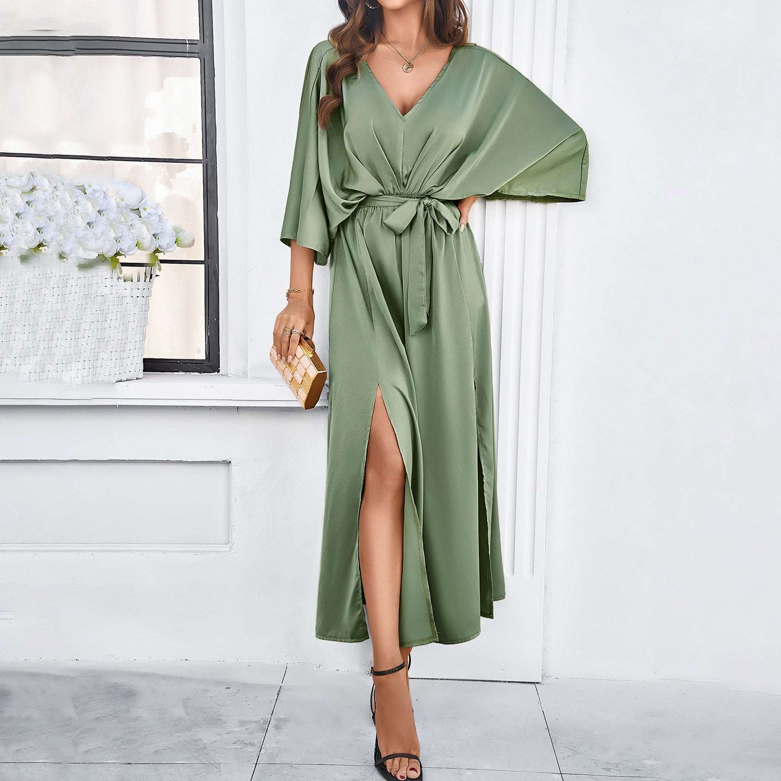 Women's Elegant Loose Smooth Satin V-neck Dress - ChoreGirl