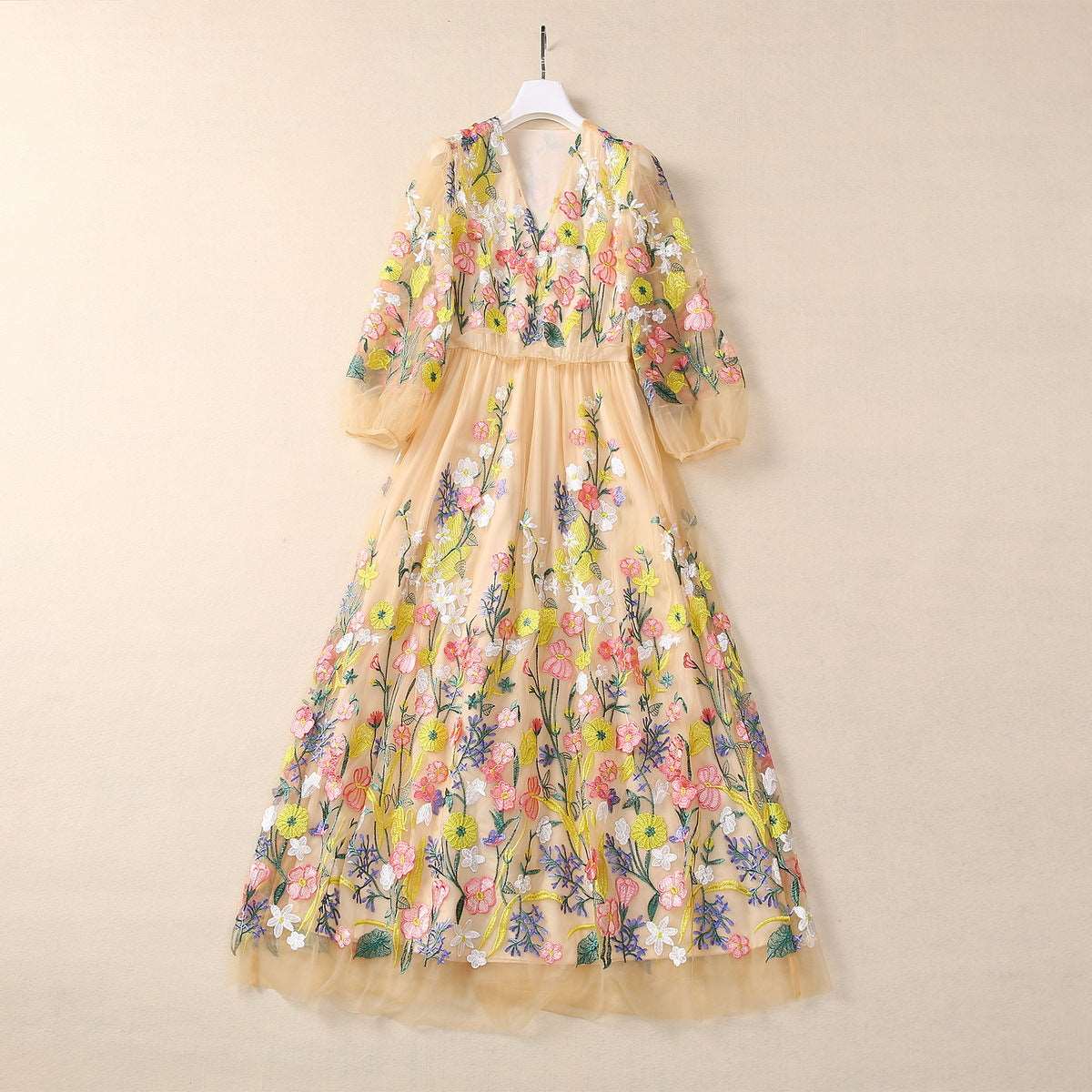 Women's Embroidery Flower Mesh Large Swing Sleeve V-neck Dress - ChoreGirl