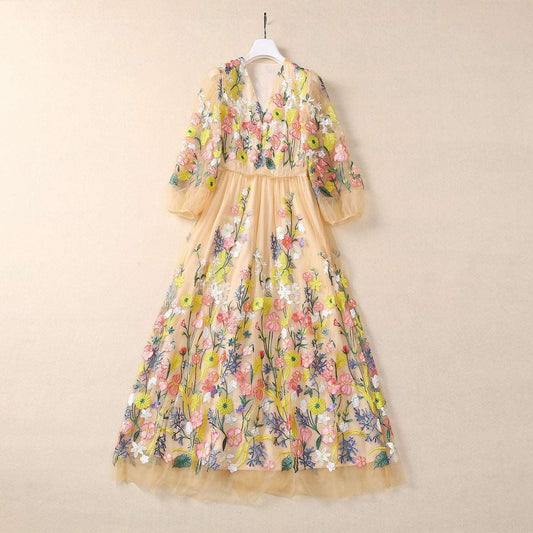 Women's Embroidery Flower Mesh Large Swing Sleeve V-neck Dress - ChoreGirl