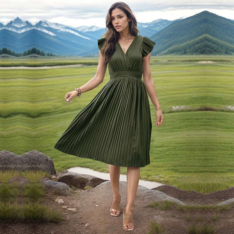 Women's Fashion V-neck High Waist Plated Swing Dress - ChoreGirl