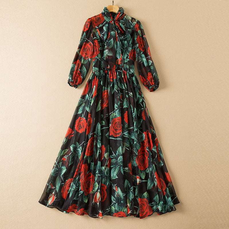 Women's Elegant Tie-neck Big Swing Chiffon Dress - ChoreGirl