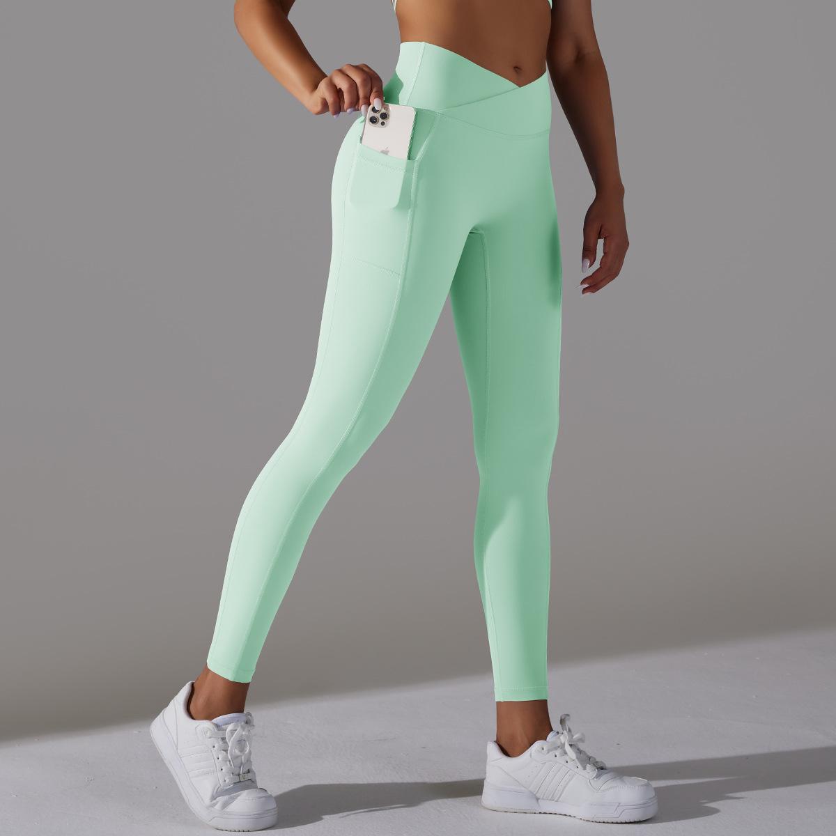 Women's Nude Feel Skin-friendly Cross Waist Stretch Fitness Pants With Pocket - ChoreGirl