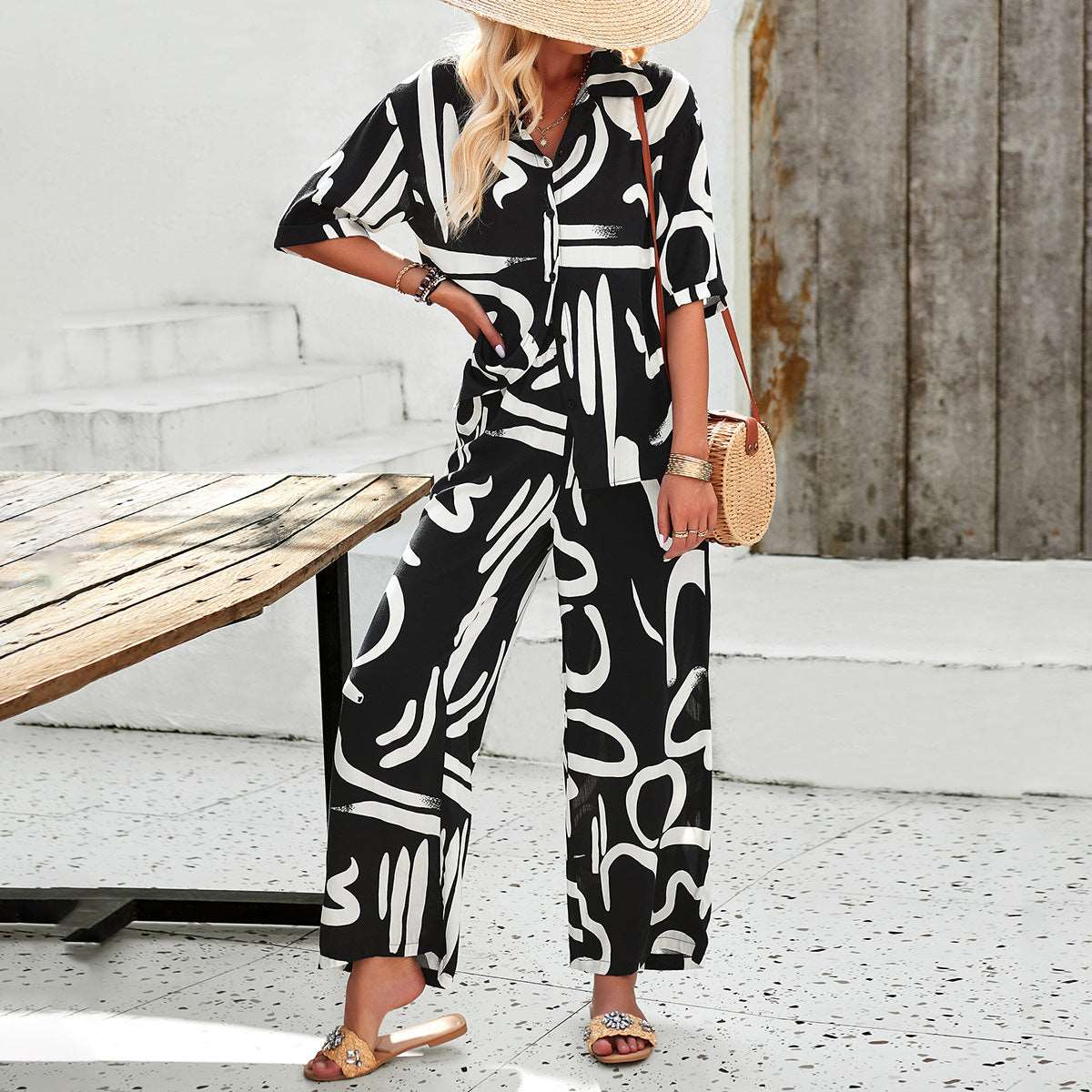 Women's Casual Short Sleeved Shirt and Long Wide Legs Pants Outfit Set - ChoreGirl