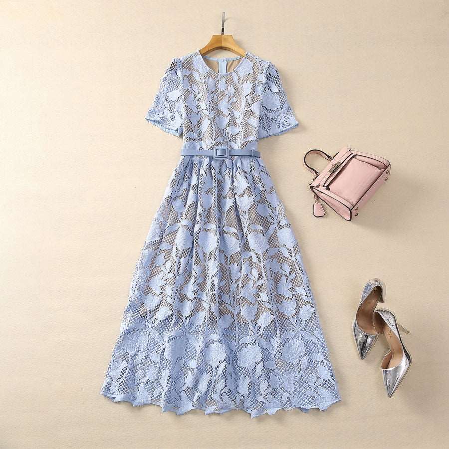 Women's Elegant Vintage Crocheted Round Neck Short Sleeve Dress - ChoreGirl