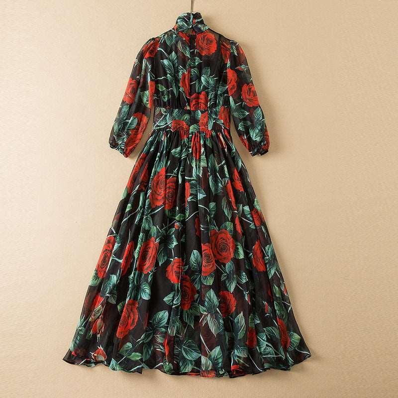 Women's Elegant Tie-neck Big Swing Chiffon Dress - ChoreGirl