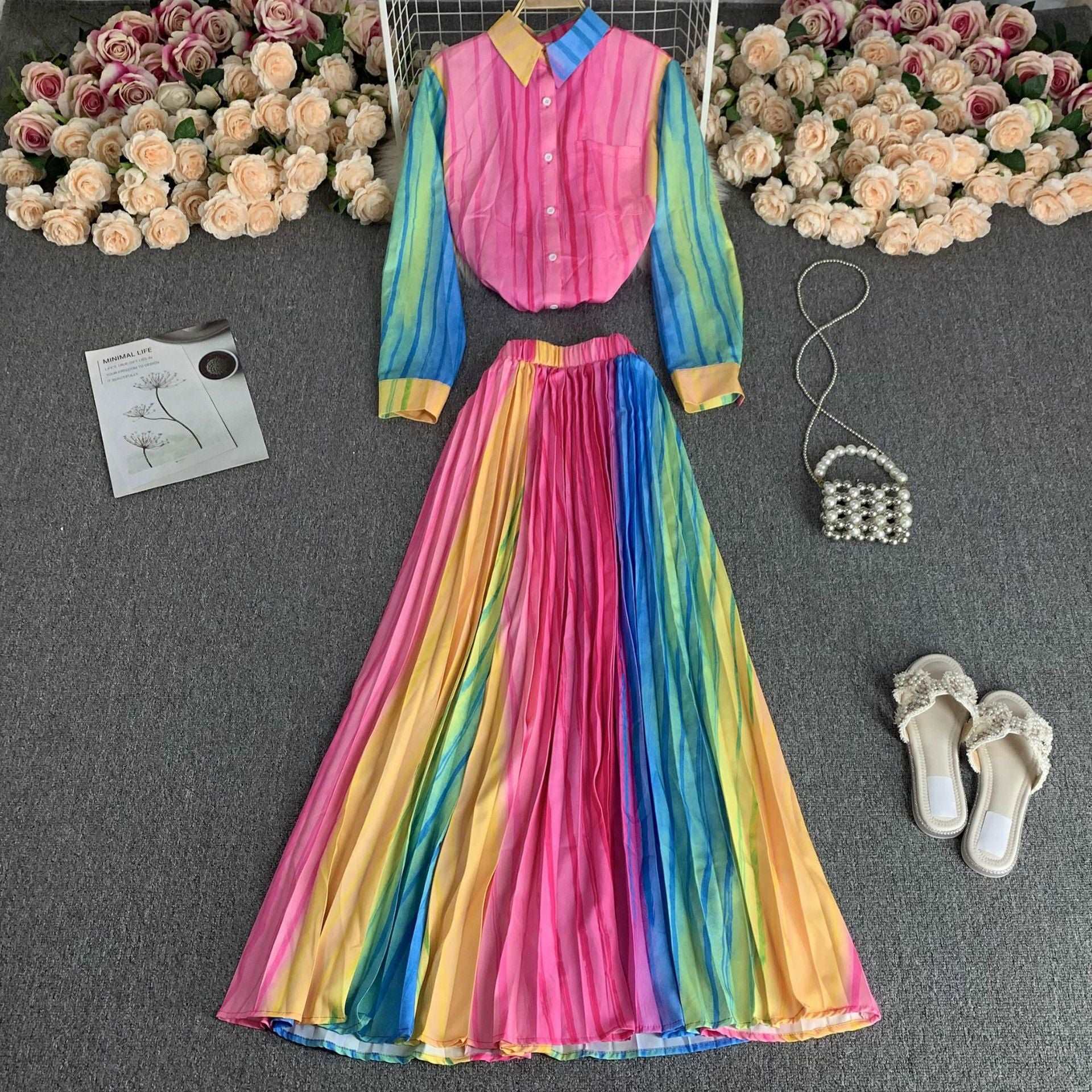 Women's Long Sleeve Stand Collar Single-breasted Shirt and High Waist Skirt Two-piece Outfit Set - ChoreGirl