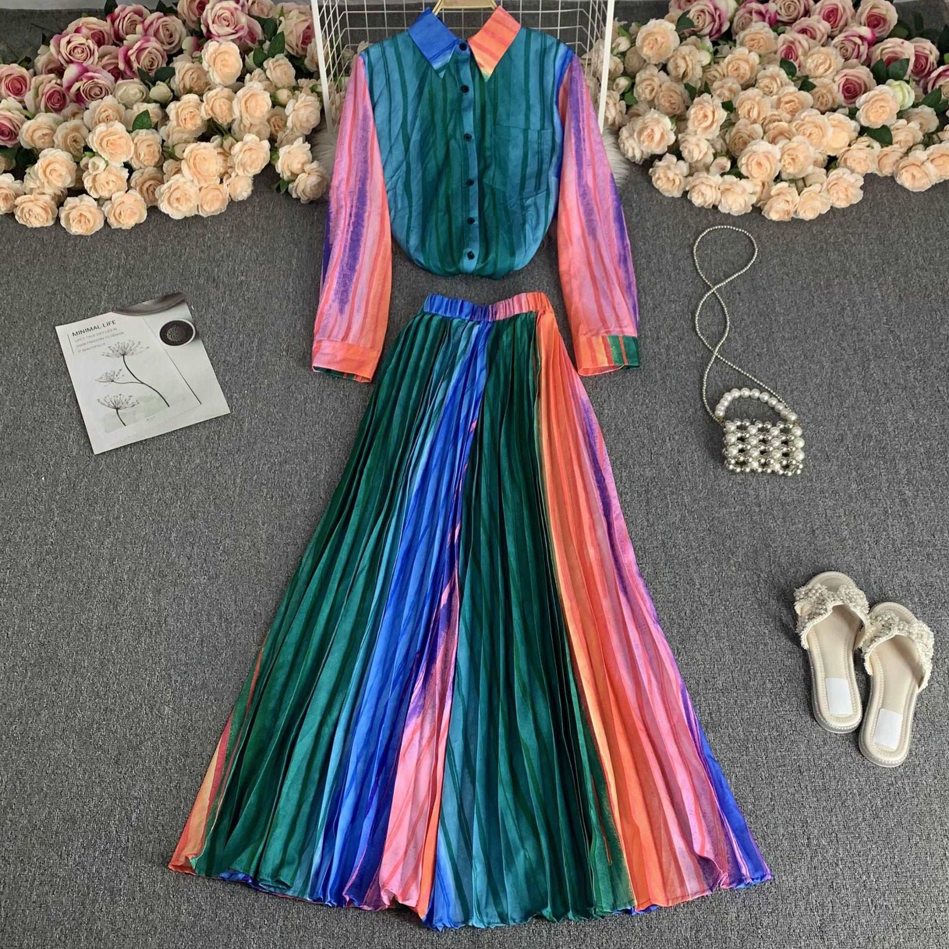 Women's Long Sleeve Stand Collar Single-breasted Shirt and High Waist Skirt Two-piece Outfit Set - ChoreGirl