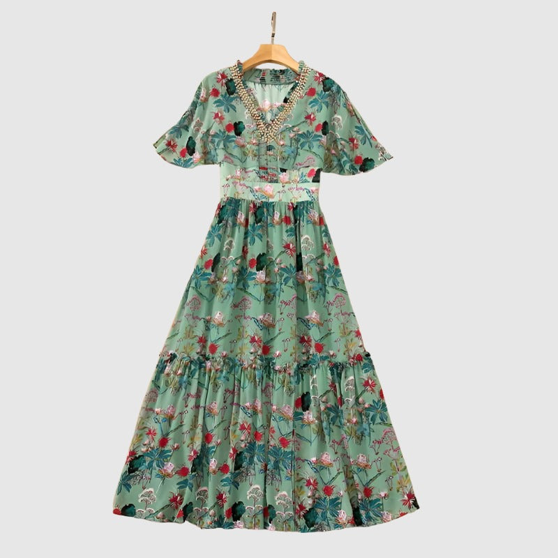 Women's Beaded V-neck Elastic Waist Dress - ChoreGirl