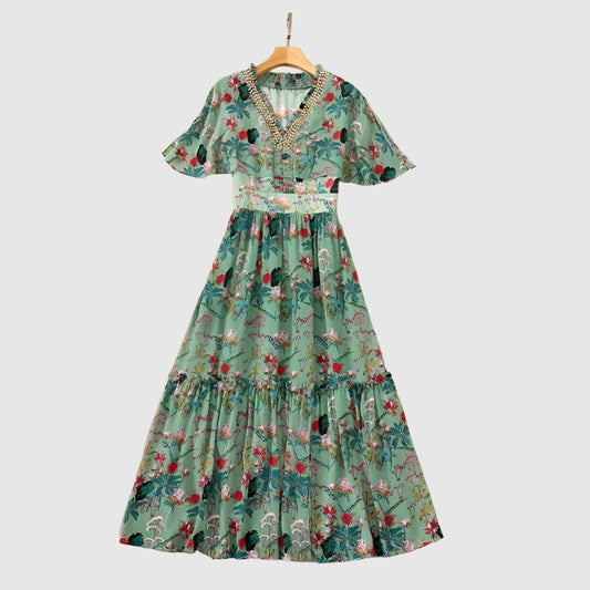 Women's Beaded V-neck Elastic Waist Dress - ChoreGirl