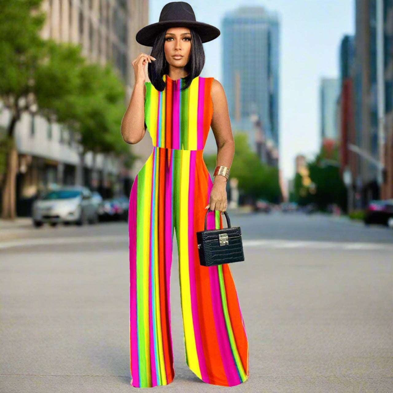 Women's Colorful Pattern Print Sleeveless Wide Leg Pants and Bodysuit Outfit Set - ChoreGirl