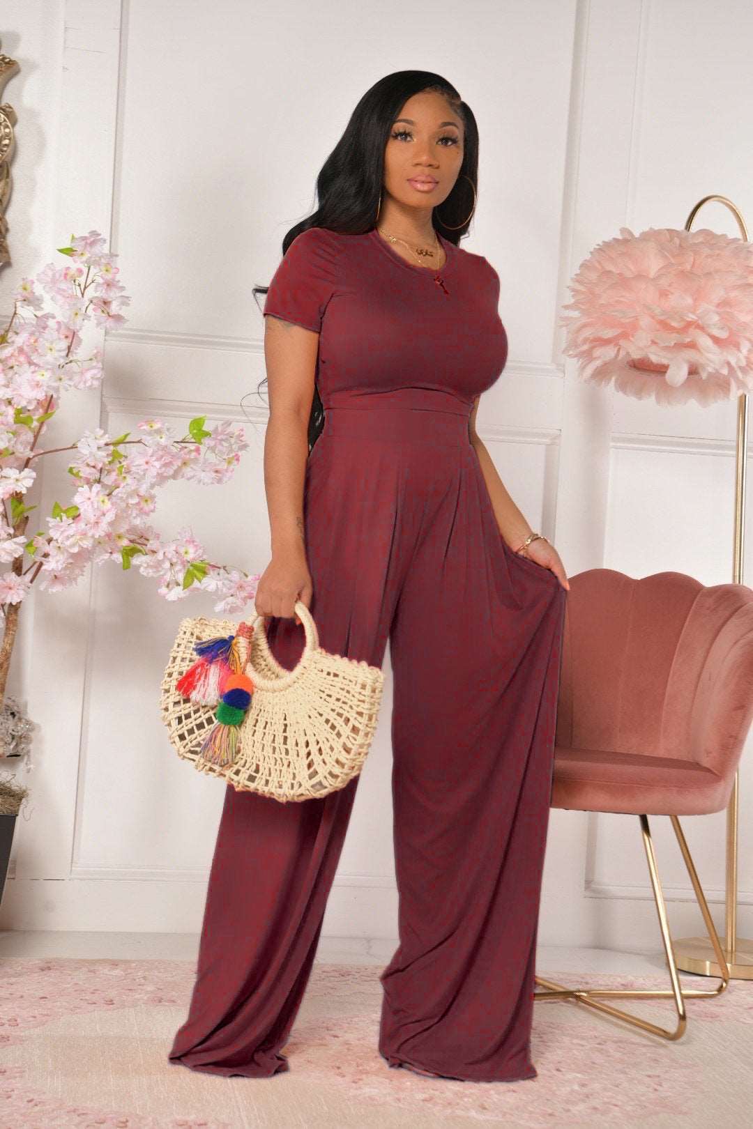 Women's Casual Wide Leg Pants and Short Sleeve Top Two-piece Outfit Set - ChoreGirl