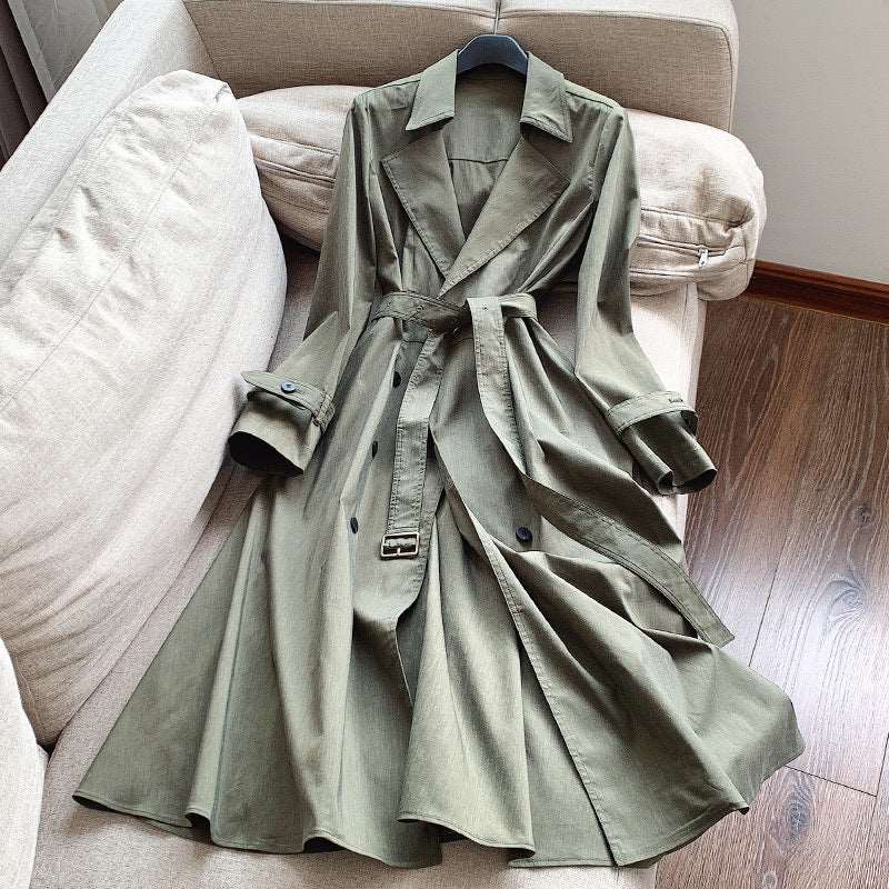 Women's Thin Stretch Linen A-Line Long Trench Coat - ChoreGirl