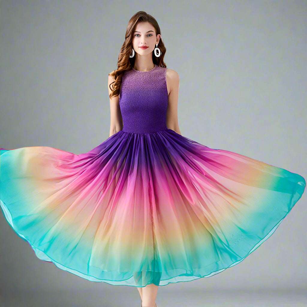 Women's A- Line Rainbow Gradient Chiffon Dress - ChoreGirl
