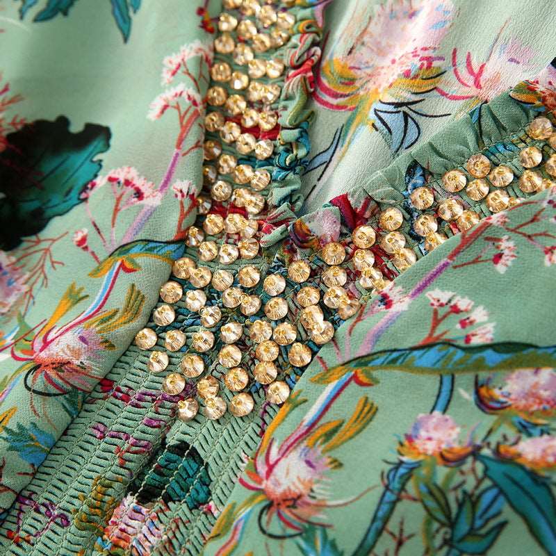 Women's Beaded V-neck Elastic Waist Dress - ChoreGirl