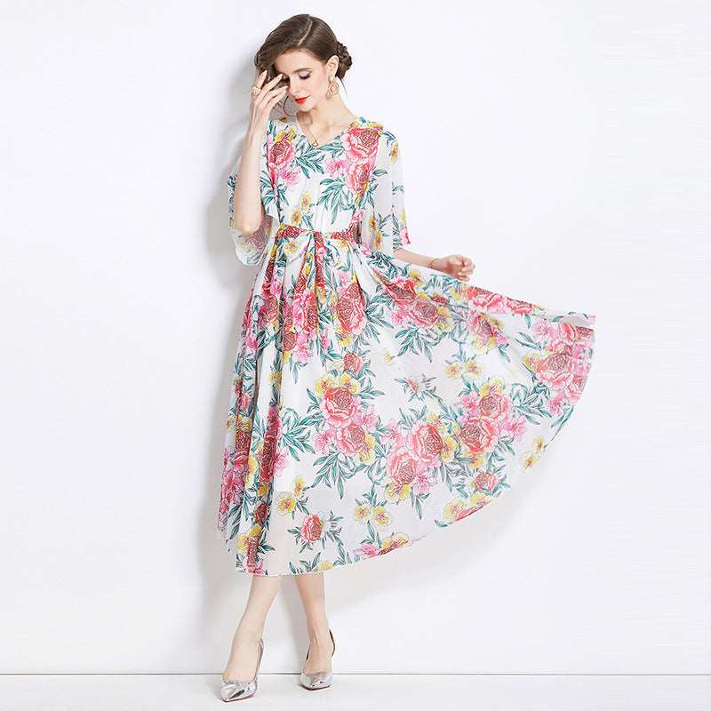Women's Gentle Flower Print Elegant Dress - ChoreGirl