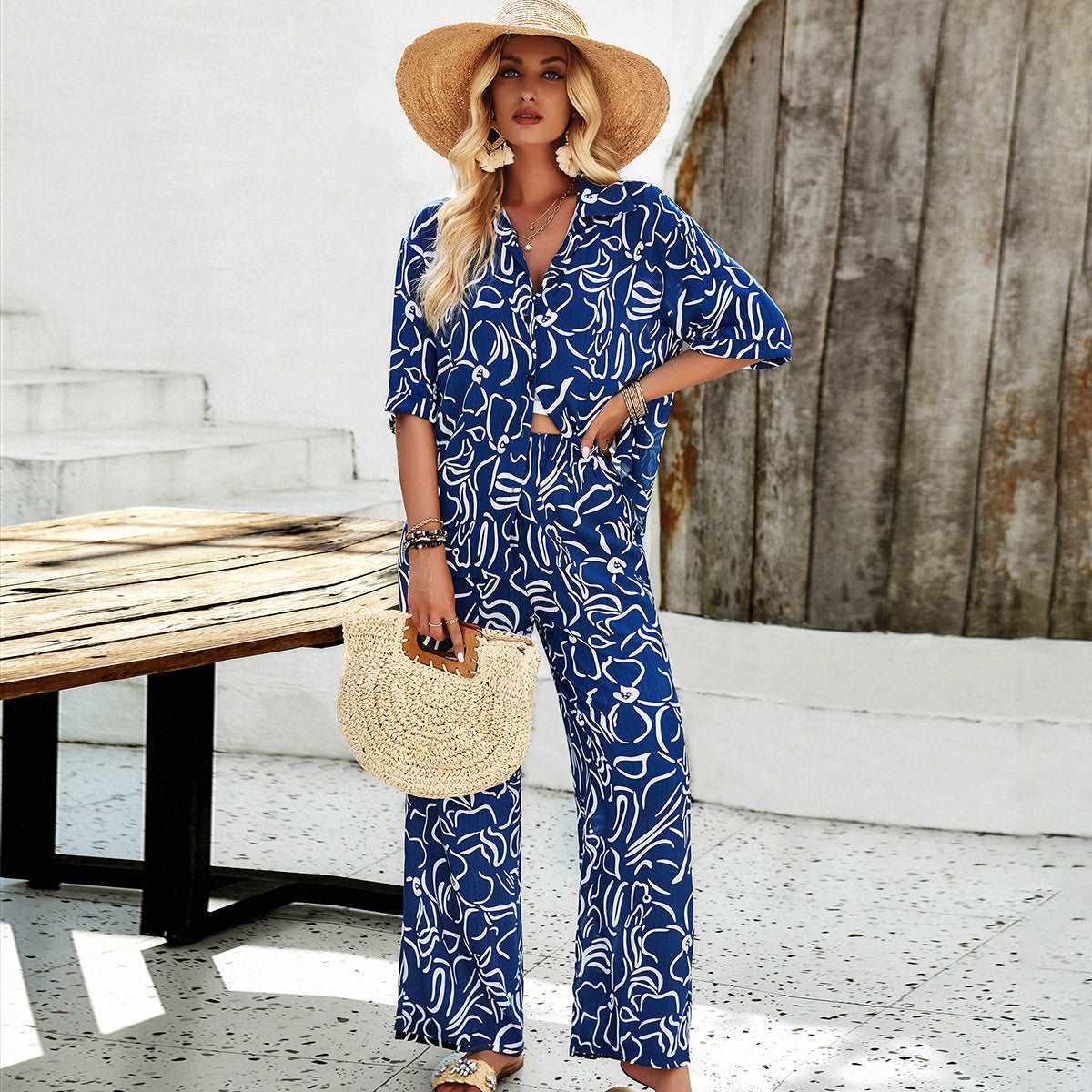 Women's Casual Short Sleeved Shirt and Long Wide Legs Pants Outfit Set - ChoreGirl