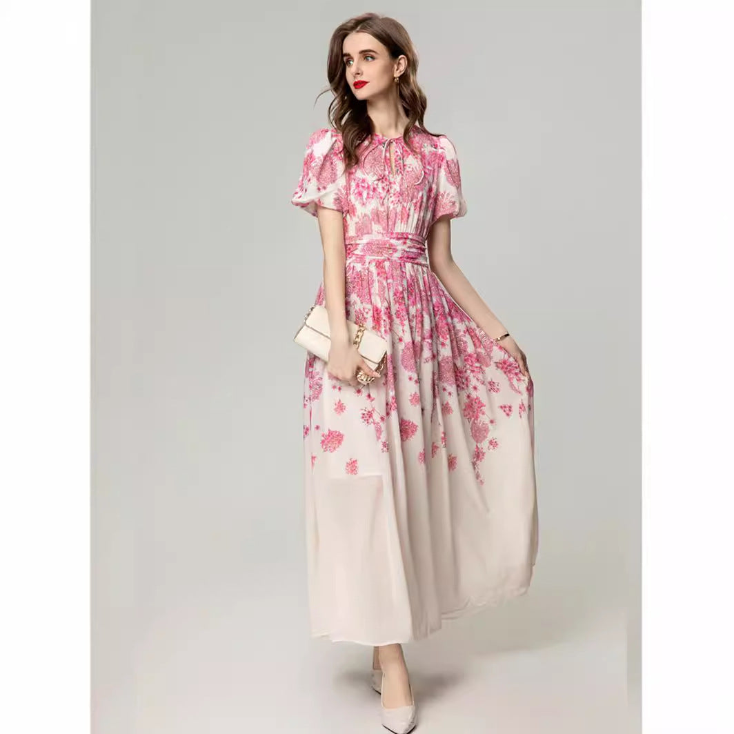 Women's Elegant Waist Sliming Short Sleeve Long Dress - ChoreGirl