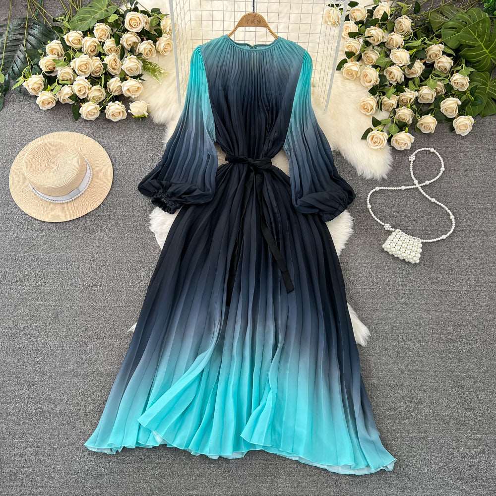 Women's Mid-length A- Line Gradient Pleated Dress - ChoreGirl