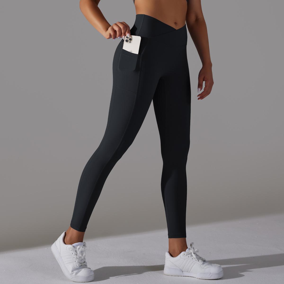 Women's Nude Feel Skin-friendly Cross Waist Stretch Fitness Pants With Pocket - ChoreGirl