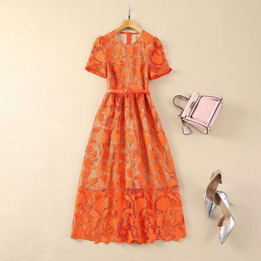 Women's Elegant Vintage Crocheted Round Neck Short Sleeve Dress - ChoreGirl