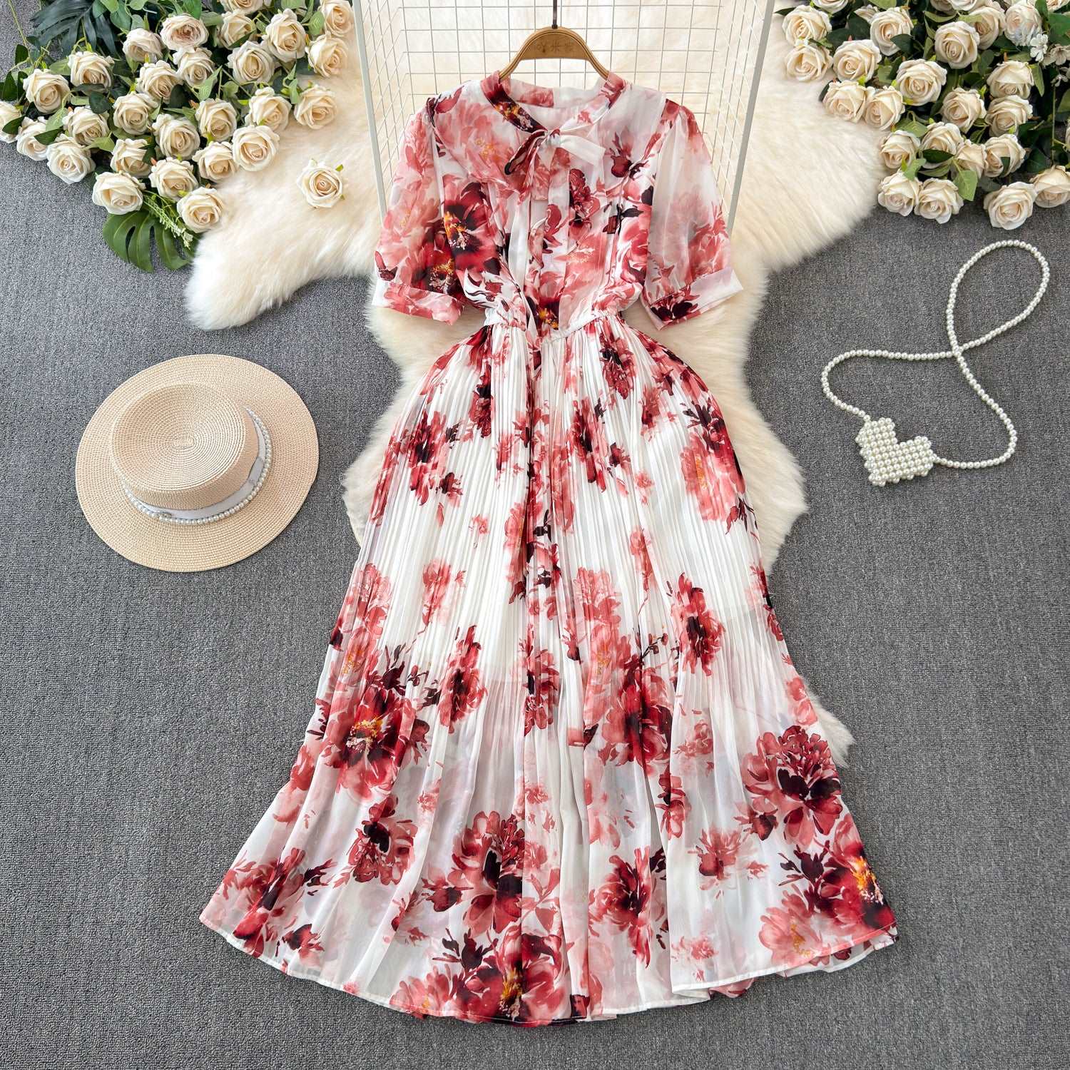 Women's Lace-up Bow Collar Slim Fit Long Chiffon Dress - ChoreGirl