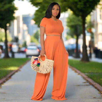 Women's Casual Wide Leg Pants and Short Sleeve Top Two-piece Outfit Set - ChoreGirl