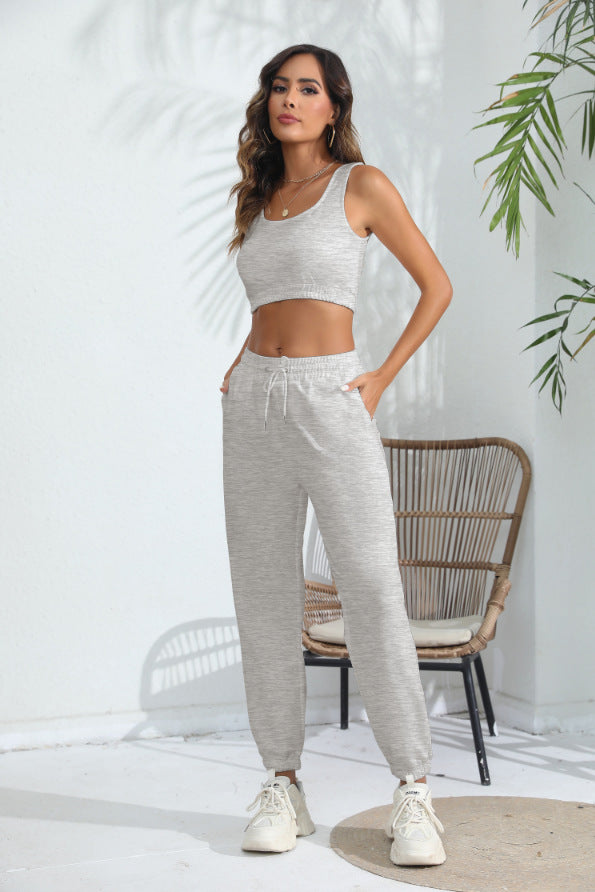 Women's Casual Cropped Tank Top and Pants Two-piece Outfit Set - ChoreGirl