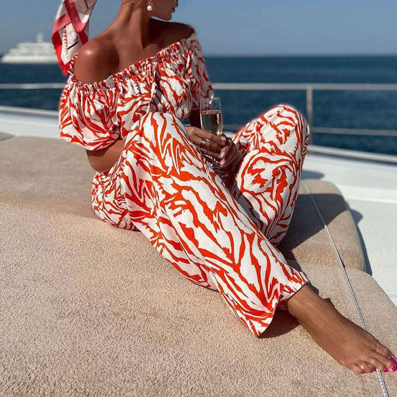 Women's Off-shoulder Short-sleeved Top and Pants Two-piece Outfit Set - ChoreGirl