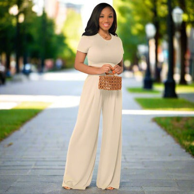 Women's Casual Wide Leg Pants and Short Sleeve Top Two-piece Outfit Set - ChoreGirl