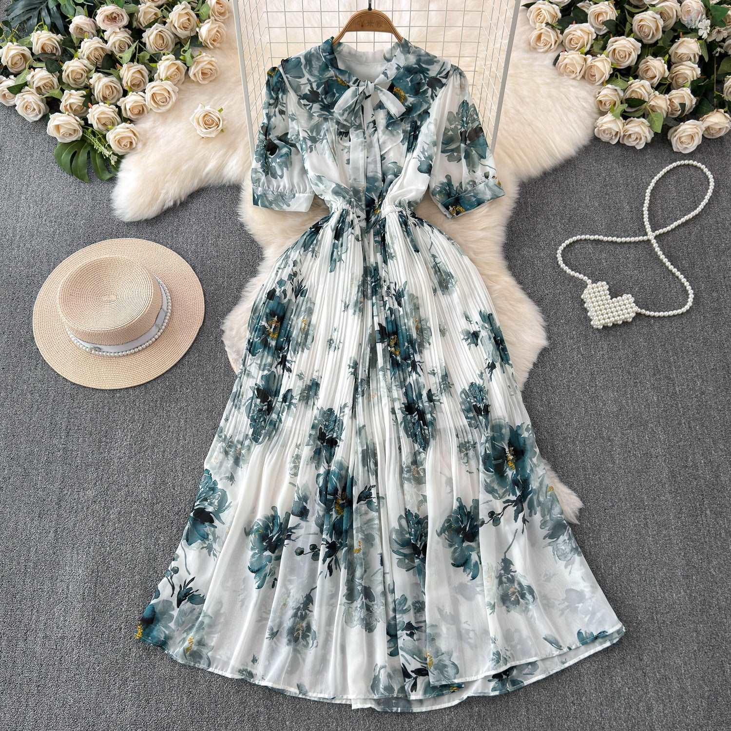 Women's Lace-up Bow Collar Slim Fit Long Chiffon Dress - ChoreGirl