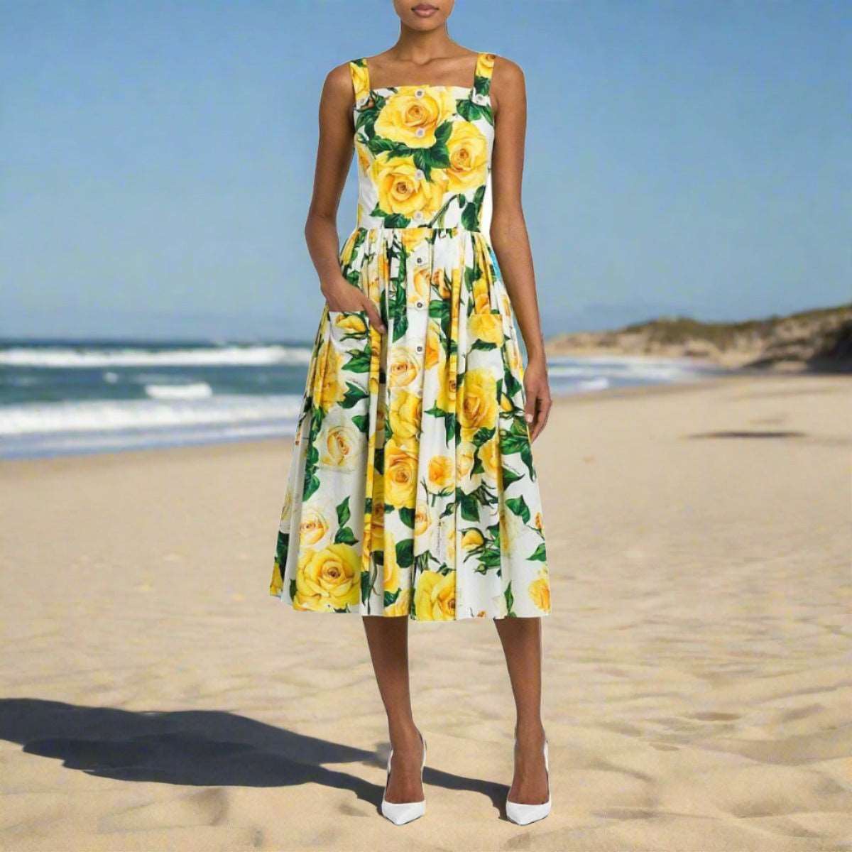 Women's Buttons Swing Dress with Pockets - ChoreGirl