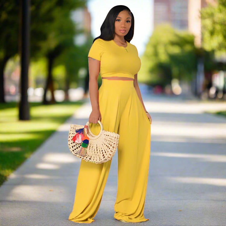 Women's Casual Wide Leg Pants and Short Sleeve Top Two-piece Outfit Set - ChoreGirl