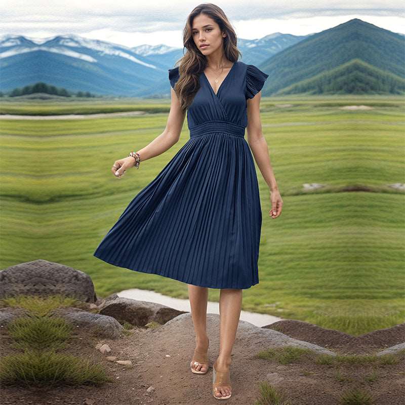 Women's Fashion V-neck High Waist Plated Swing Dress - ChoreGirl