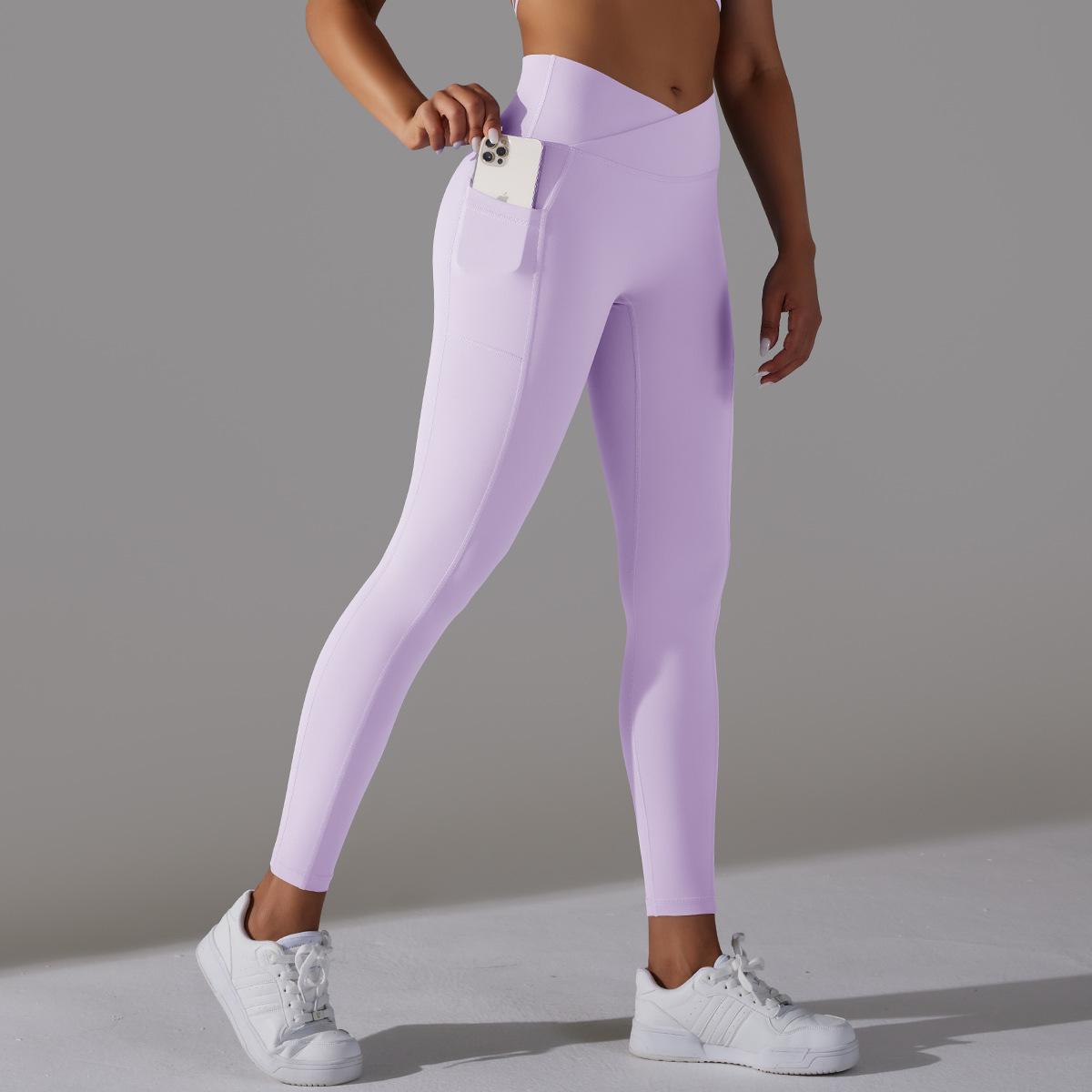 Women's Nude Feel Skin-friendly Cross Waist Stretch Fitness Pants With Pocket - ChoreGirl