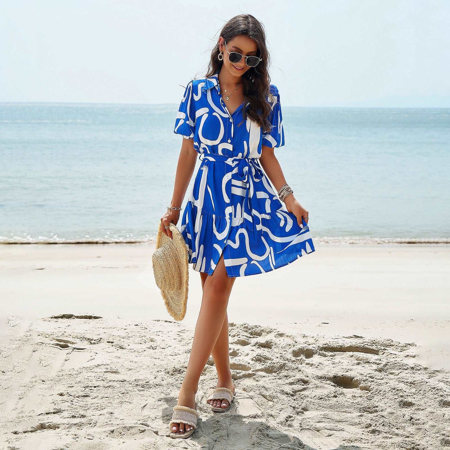 Women's Elegant Printed Short Sleeve Dress - ChoreGirl