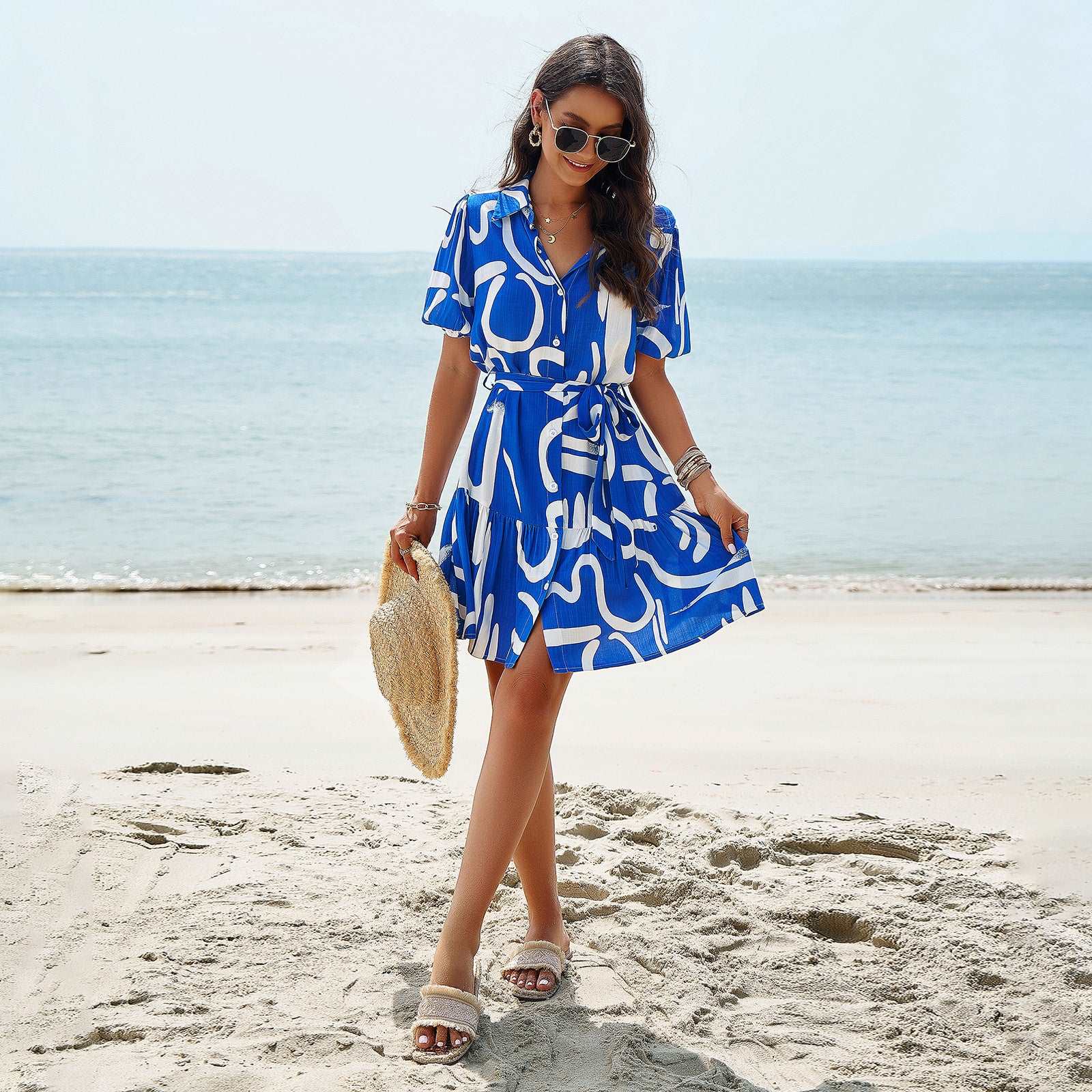 Women's Elegant Printed Short Sleeve Dress - ChoreGirl