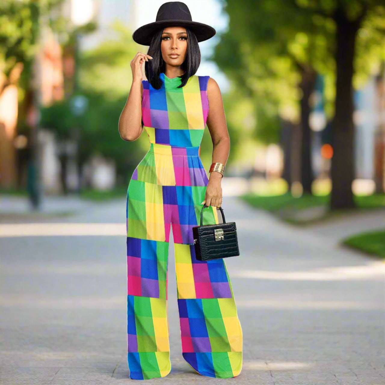 Women's Colorful Pattern Print Sleeveless Wide Leg Pants and Bodysuit Outfit Set - ChoreGirl