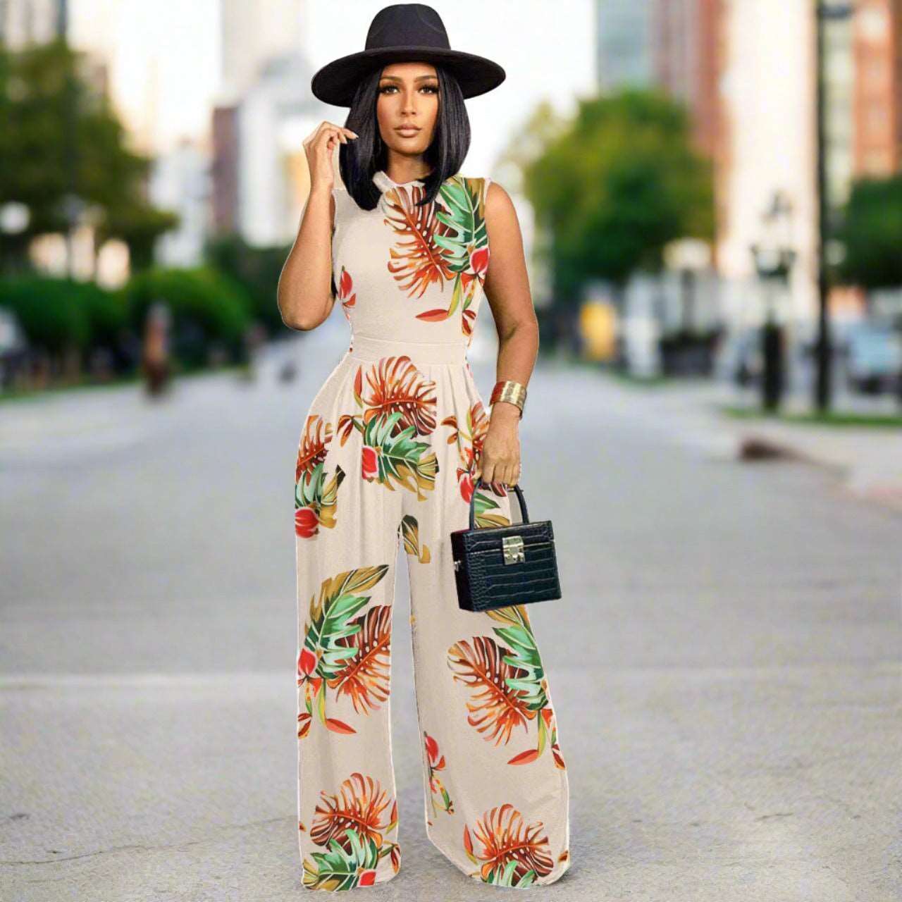 Women's Colorful Pattern Print Sleeveless Wide Leg Pants and Bodysuit Outfit Set - ChoreGirl
