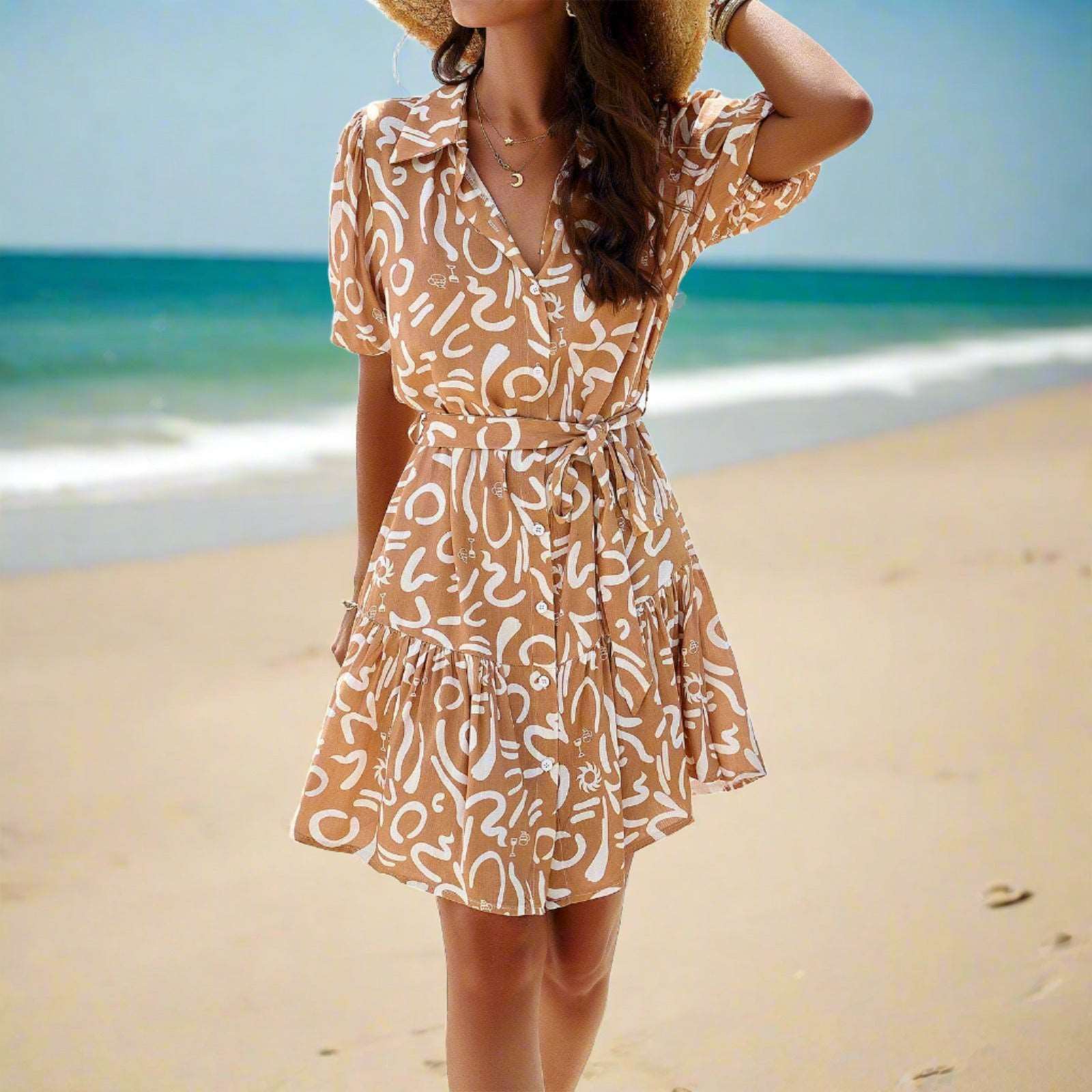 Women's Elegant Printed Short Sleeve Dress - ChoreGirl