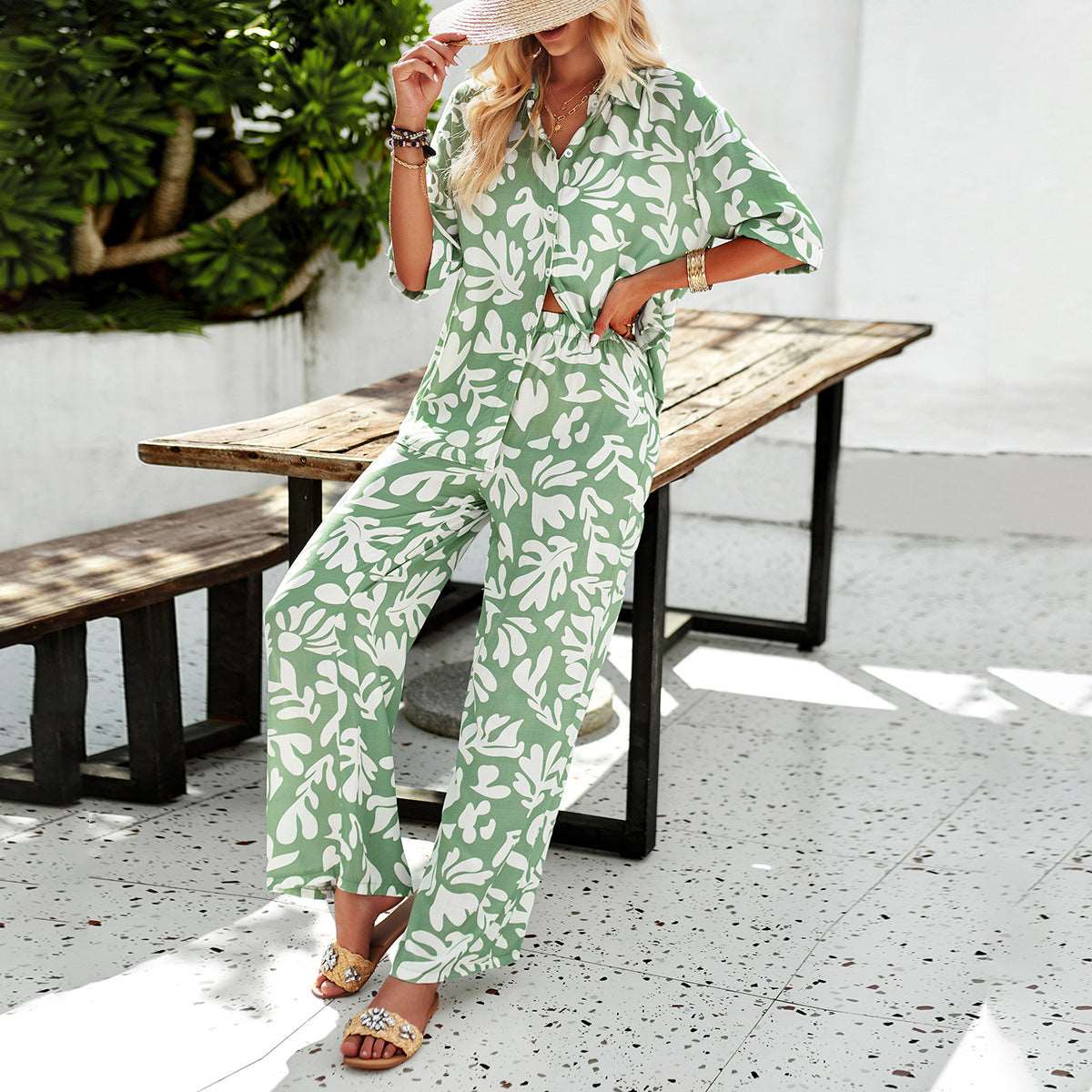 Women's Casual Short Sleeved Shirt and Long Wide Legs Pants Outfit Set - ChoreGirl